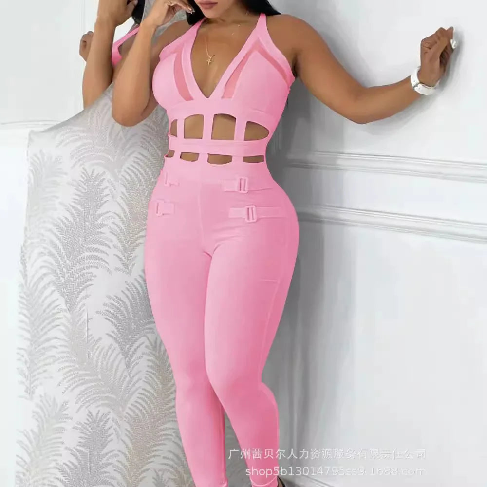 Women's Jumpsuit Summer New Sleeveless New Fashionable Hollow Camisole Buckle Comparison Mesh Tight Jumpsuit
