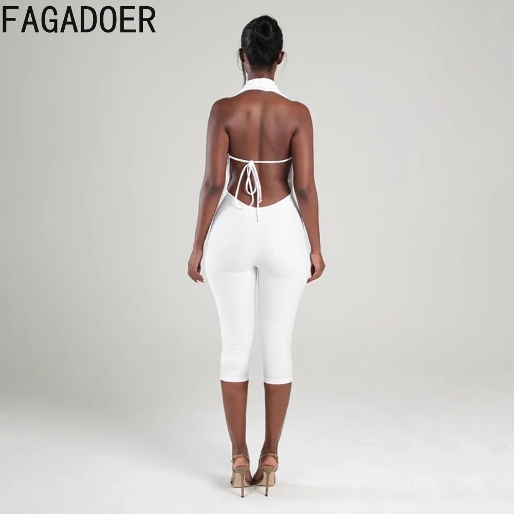FAGADOER Sexy Bandage Bodycon Jumpsuits for Women Halter Deep V-neck Sleeveless Backless Rompers Female Streetwear Overalls New