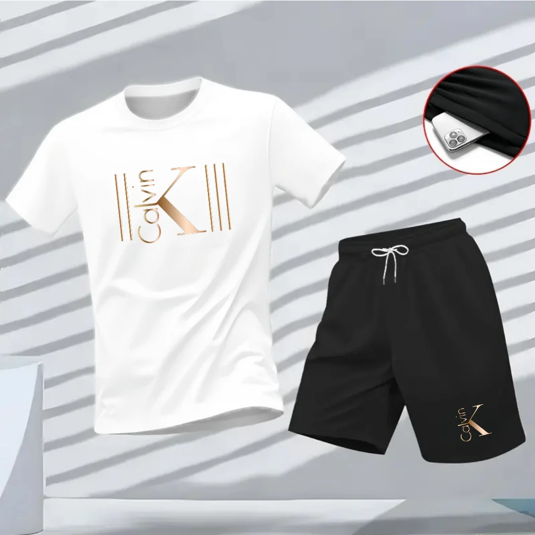 2025 Men's Breathable Sports Pattern Printed T-shirt Casual Fashion Short-sleeved T-shirt Summer Streetwear Top Two-Piece Set.