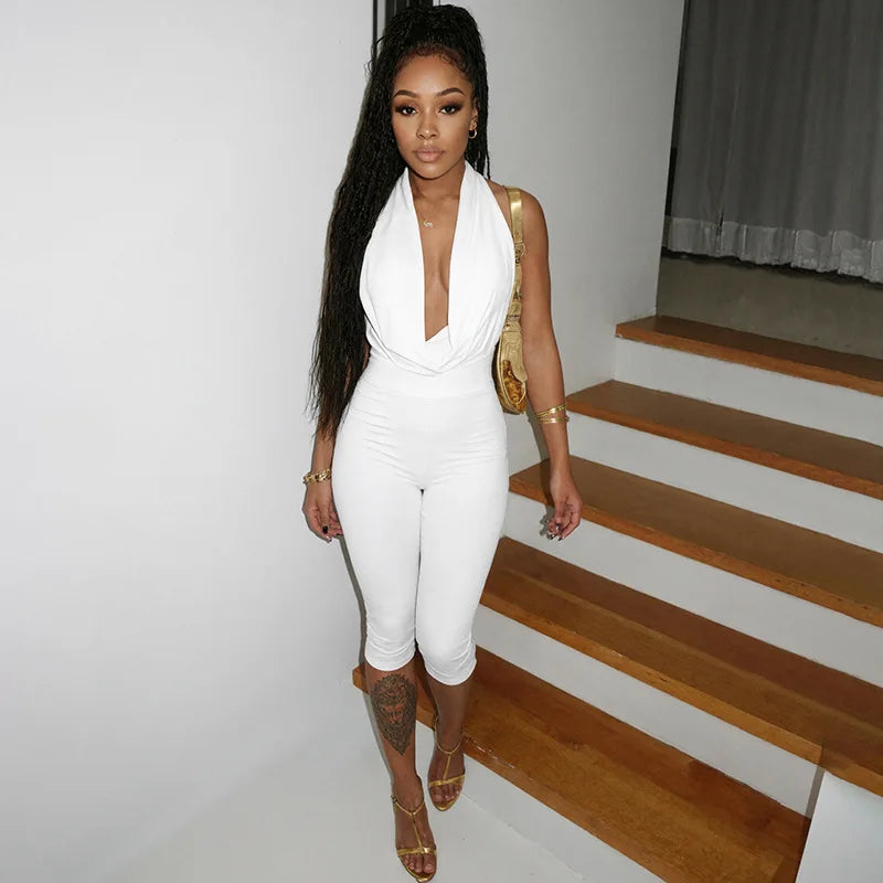 FAGADOER Sexy Bandage Bodycon Jumpsuits for Women Halter Deep V-neck Sleeveless Backless Rompers Female Streetwear Overalls New